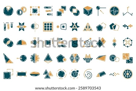 50 linear geometry icon pack. vector thin line cylinder, flatten, bounding box, right alignment, row, exclude, side to side of a cube icons suitable for apps and websites ui designs.