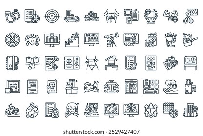 50 metas lineares para o pacote de ícone do ano. vetor linha fina freelance, placa de humor, alvo, movendo-se para casa, casa maior, peso solto, ícones de placa de humor adequado para aplicativos e sites projetos de iu.