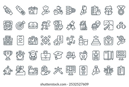 50 linear goals for the year icon pack. vector thin line idea, pregnancy, recycle, plant a tree, creative process, priorities, pay debts icons suitable for apps and websites ui designs.