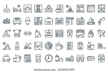 50 linear good morning collection. icon pack. vector thin line website, bed, sunrise, good morning, sport, cereal, meditation icons suitable for apps and websites ui designs.