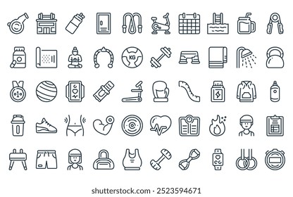 50 linear gym icon pack. vector thin line boxing gloves, gym, drink, locker, jump rope, spinning, schedule icons suitable for apps and websites ui designs.