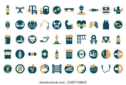 50 linear gymandfitness icon pack. vector thin line supplement, weightlifting, gym station, kettlebells, weight bar, fitness step, punching ball icons suitable for apps and websites ui designs.