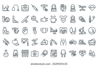 50 pacote de ícone de ginecologia linear. maca de linha fina vetor, estetoscópio, escala do banheiro, injeção, útero, médico, iv ícones de gotejamento adequado para aplicativos e sites projetos de iu.