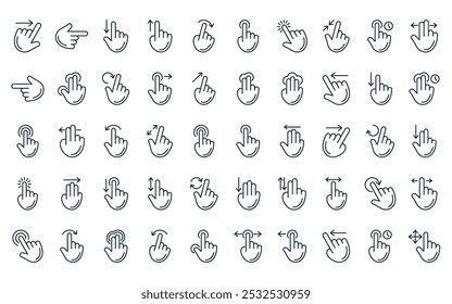 50 lineare Handgesten-Symbolpaket. Vektor dünne Linie berühren, schießen, wischen Sie nach unten, wischen Sie nach oben, flicken, berühren, berühren Symbole geeignet für Apps und Websites ui Designs.