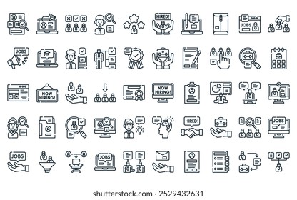 50 Icon Pack für lineare Einstellungsprozesse. Vektor Thin Line-Einstellung, senden, Rekrutierung, Bewerber, Bewertung, eingestellt, Job-Icons geeignet für Apps und Websites ui Designs.