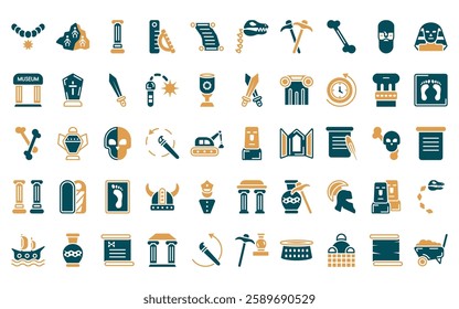 50 linear history icon pack. vector thin line moais, stone, column, ruler, cart, fossil, pick icons suitable for apps and websites ui designs.