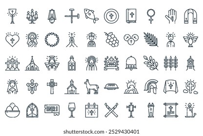 50 lineares Symbolpaket für die heilige Woche. Vektor dünne Linie heilige Woche, Candelabra, Censer, Nägel, Fisch, Kommunion, Bibel-Icons geeignet für Apps und Websites ui Designs.