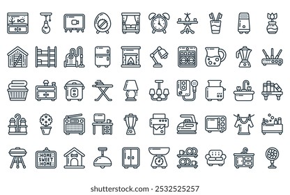 50 linear home icon pack. luzes de linha fina vetor, luz, televisão, temporizador, cama, despertador, ícones de mesa adequados para projetos de iu de aplicativos e sites.