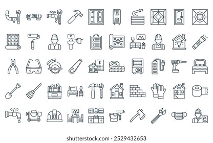 50 linear home improvement icon pack. vector thin line tape measure, belt, plumbing, hammer, window, air, hose icons suitable for apps and websites ui designs.