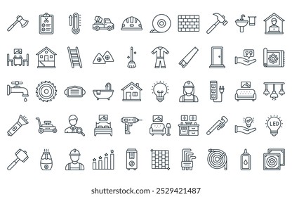 Paquete de iconos de 50 mejoras lineales para el hogar Bombilla de luz de línea delgada de Vector, lista, calefacción, mezclador de hormigón, casco, cinta adhesiva, iconos de pared de ladrillo adecuados para App y Sitios web.