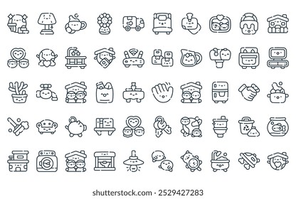 50 linear home and living icon pack. vector thin line waving hand, table lamp, breakfast, vase, moving truck, bed, notes icons suitable for apps and websites ui designs.