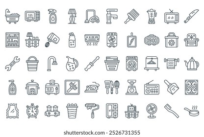 50 linear homeware icon pack. vector thin line laundry basket, microwave oven, cleaning spray, table lamp, vaccum cleaner, faucet, paint brush icons suitable for apps and websites ui designs.