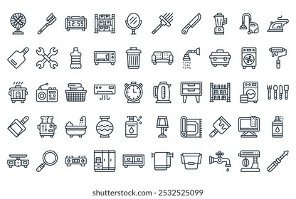 50 linear homeware icon pack. vector thin line kettle, tooth brush, digital clock, rack, mirror, squeegee, knife icons suitable for apps and websites ui designs.