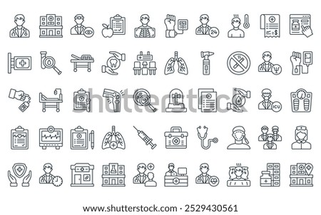 50 linear hospital facilities icon pack. vector thin line siren, hospital, opthalmologist, dietary, radiology, blood pressure, hour icons suitable for apps and websites ui designs.