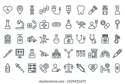 50 linear hospital icon pack. vector thin line mail, location, dna, drug, infusion, infusion, tooth icons suitable for apps and websites ui designs.