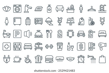 50 linear hotel icon pack. vector thin line no entry, washing hine, water, iron, sanitizer, guest, lobby icons suitable for apps and websites ui designs.