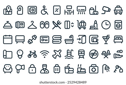 50 linear hotel icon pack. vector thin line bathtub, do not disturb, safebox, disable access, mirror, meeting room, air condition icons suitable for apps and websites ui designs.