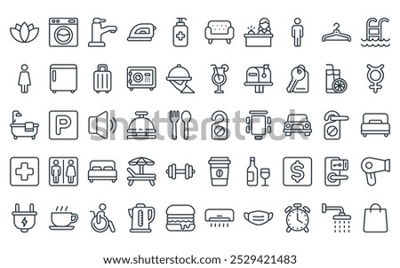 50 linear hotel icon pack. vector thin line no entry, washing hine, water, iron, sanitizer, guest, lobby icons suitable for apps and websites ui designs.
