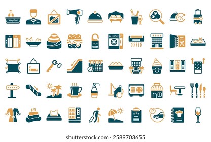 50 linear hotel and restaurant icon pack. vector thin line dim sum, valet, no pictures, hairdryer, restaurant tray, double bed, champagne icons suitable for apps and websites ui designs.
