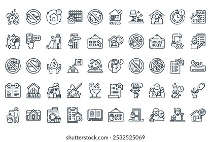 50 linear house rules icon pack. vector thin line dinner time, no shoes, home, schedule, no pets, house rules, tidy icons suitable for apps and websites ui designs.