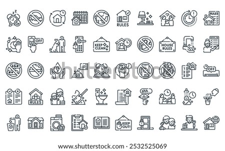 50 linear house rules icon pack. vector thin line dinner time, no shoes, home, schedule, no pets, house rules, tidy icons suitable for apps and websites ui designs.