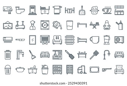 50 paquete de iconos lineales de hogar y muebles. valla de línea delgada de Vector, inodoro, puerta, armario, toalla, mesa de comedor, iconos de recogedor adecuados para App y Sitios web.