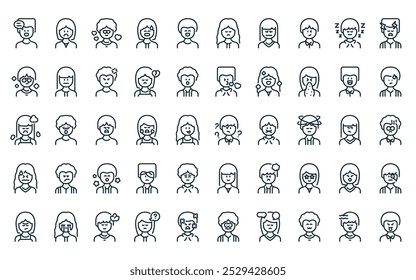 50 lineal emoción humana paquete de iconos. Vector línea delgada confusa, tristeza, amor, tenso, feliz, triste, deprimido iconos adecuados para App y Sitios web UI diseños.