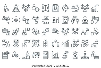 50 lineare Personalressourcen-Icon-Packs. Vektorgrafik-Thin-Line-Jobsuche, Konferenz, Management, Zeitmanagement, Arbeitsteam, Hauptsitz, Zielsymbole, die für Apps und Websites geeignet sind, ui-Designs.