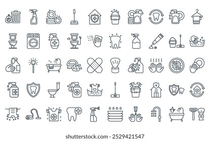 50 linear hygiene icon pack. vector thin line shaving brush, window cleaner, dish washing, cleaner, house, bucket, liquid soap icons suitable for apps and websites ui designs.