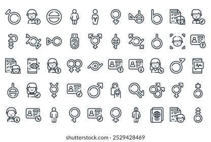 50 linear identity icon pack. vector thin line gender identity, demigirl, agender, female, gender neutral, transgender, demiagender icons suitable for apps and websites ui designs.