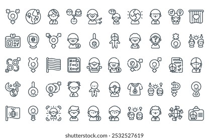 50 paquete de iconos de identidad lineal. Vector línea delgada bigénero, , hindú, familia, personalidad, crisis existencial, iconos de personalidad adecuados para App y Sitios web.