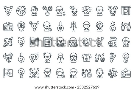 50 linear identity icon pack. vector thin line bigender,  , hindu, family, personality, existential crisis, personality icons suitable for apps and websites ui designs.