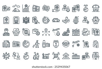 50 linear immigration icon pack. vector thin line business trip, camp, statistics, money, id card, citizenship, security personnel icons suitable for apps and websites ui designs.