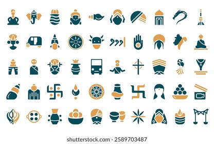 50 linear india icon pack. vector thin line brahman, indian elephant, ugadi, krishna, biju janata dal, durga puja, turban icons suitable for apps and websites ui designs.