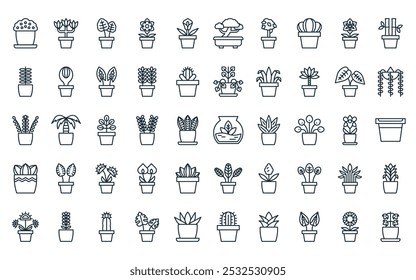 Paquete de iconos de 50 plantas lineales de interior. terrario de línea delgada de Vector, dracaena, oreja de elefante, gardenia, lirio calla, bonsái, iconos de higo llorón adecuados para App y Sitios web.