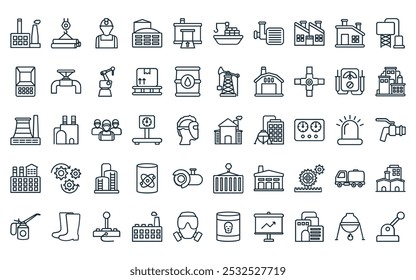 50 linear industrial icon pack. vector thin line manufacturing plant, crane, labour, storage tank, storage unit, cargo ship, mincer icons suitable for apps and websites ui designs.