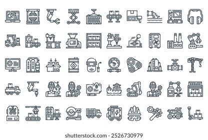 50 linear industrial process icon pack. vector thin line pressure gauge, press hine, robotic arm, lift, container, conveyor, barcode icons suitable for apps and websites ui designs.
