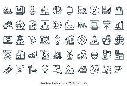 50 pacote de ícone de processo industrial linear. analista de dados de linha fina vetor, plano, frasco, fábrica, mecânica, cilindro, ícones de linha de produção adequados para projetos de ui de aplicativos e sites.