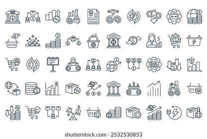 50 pacote de ícone de inflação linear. vetor economia de linha fina, querer, taxa de juros, custo, vínculo, rendimento, ícones de energia adequados para aplicativos e sites ui designs.