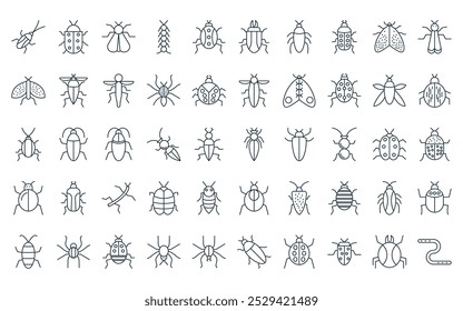 50 linear insects icon pack. vector thin line pest, bug, moth, centipede, bug, stag beetle, cockroach icons suitable for apps and websites ui designs.