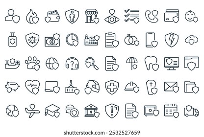 50 linear insurance icon pack. vector thin line contract, flame, payment, employee, shop, eye insurance, checklist icons suitable for apps and websites ui designs.