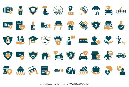 50 linear insurance icon pack. vector thin line insurance advice, beneficiary, dental insurance, elderly, risk pool, replacement value, overturned car icons suitable for apps and websites ui