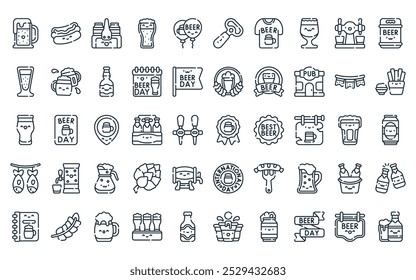 50 linear international beer day icon pack. vector thin line badge, hot dog, beer pack, beer, balloons, bottle opener, tshirt icons suitable for apps and websites ui designs.