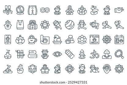 50 linear international day of icon pack. vector thin line hot stones, ying yang, yoga pants, infinite, meditation, chakras, essential oil icons suitable for apps and websites ui designs.