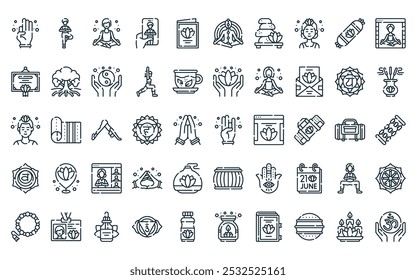 50 linear international day of icon pack. vector thin line surya, yoga, yoga, phone, greeting card, chakras, hot stones icons suitable for apps and websites ui designs.