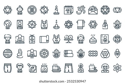 50 linear international day of icon pack. vector thin line balance, buddha, strength, ying yang, candle, calendar, ohm icons suitable for apps and websites ui designs.