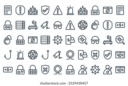 50 linear internet ícone de segurança pack. vetor linha fina seguro pagamento, exclamação, firewall, protegido, aviso, sirene, ícones de firewall adequados para aplicativos e sites projetos de ui.