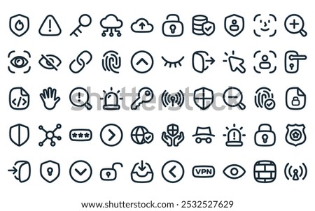 50 linear internet security icon pack. vector thin line  , caution, key, cloud computing, upload, unlock, server icons suitable for apps and websites ui designs.