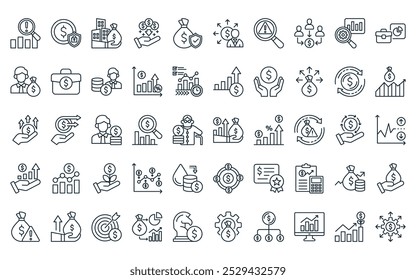 50 linear investment icon pack. vetor thin line capital, renda fixa, imóveis, renda passiva, investimento, diversificação, ícones de risco adequados para apps e sites ui designs.