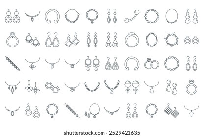 50 linear jewelry icon pack. vector thin line earrings, necklace, piercing, necklace, bracelet, earrings, piercing icons suitable for apps and websites ui designs.